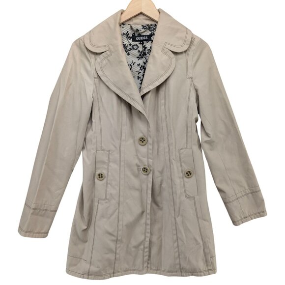 Vtg Guess Trench Coat Womens Beige Khaki Button Front Lined Pockets Retro Size M - Picture 1 of 12
